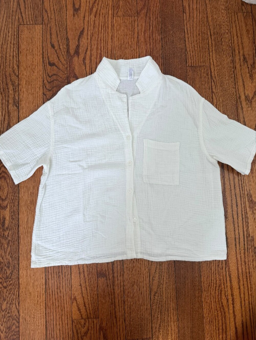 Stars Above Women's Medium Cotton Gauze Button-Down Shirt White Boxy Relaxed